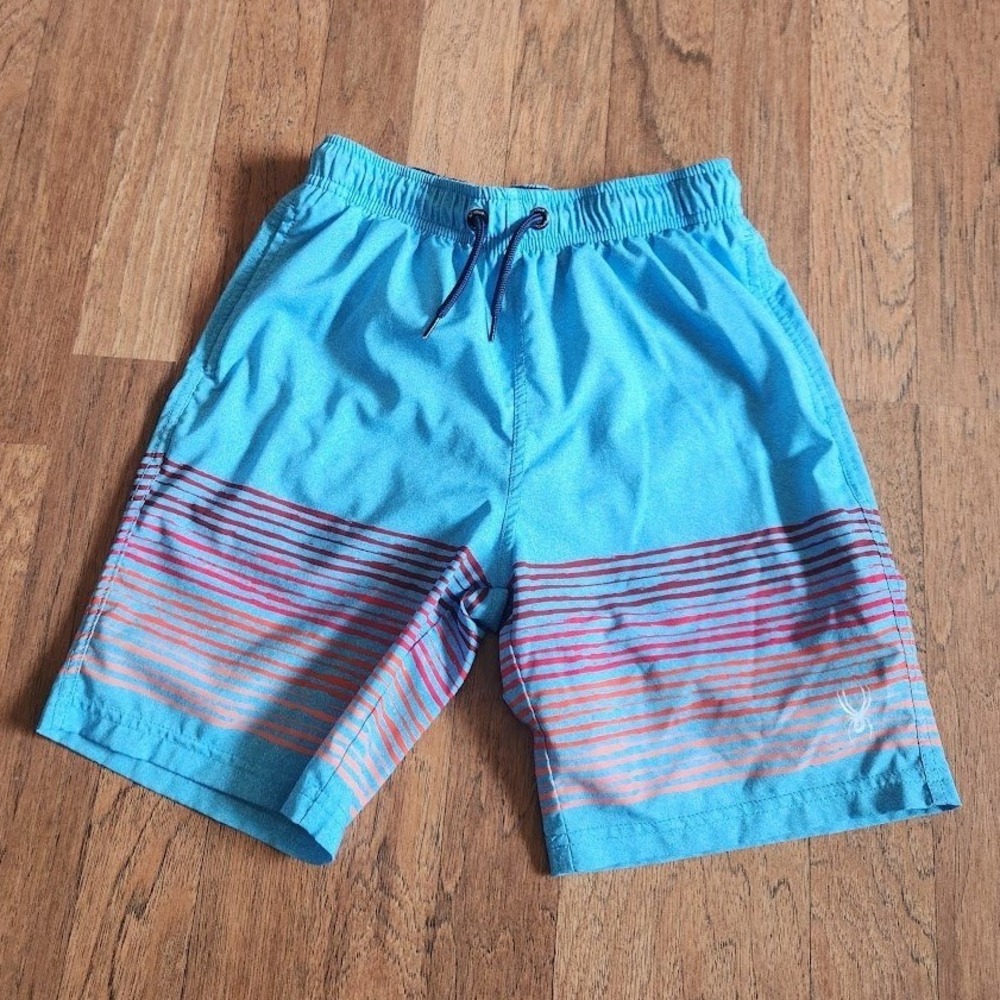 Spyder Boys Blue Striped Swim Trunks Board Shorts Size S 7/8 Elastic Waist 553